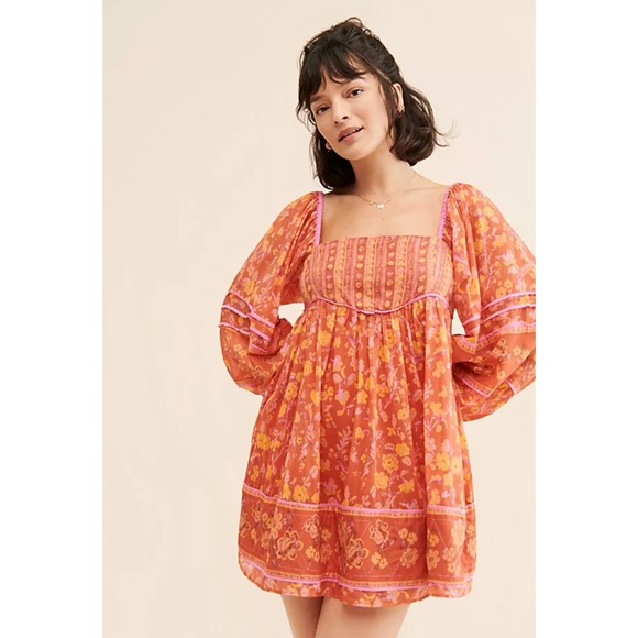 Free People Dresses & Skirts - Free People Border Endless Afternoon Long Sleeve Babydoll Mini Dress Boho Floral